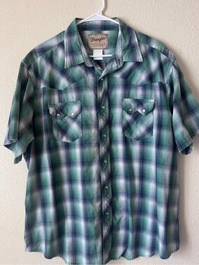 Vintage Wrangler Western Snap Shirt Mens XXL Green Navy Ombre Plaid
